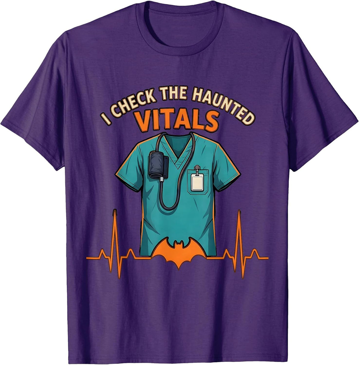 I Check The Haunted Vitals Funny Nurse Halloween Scrub Top T-Shirt - Purple