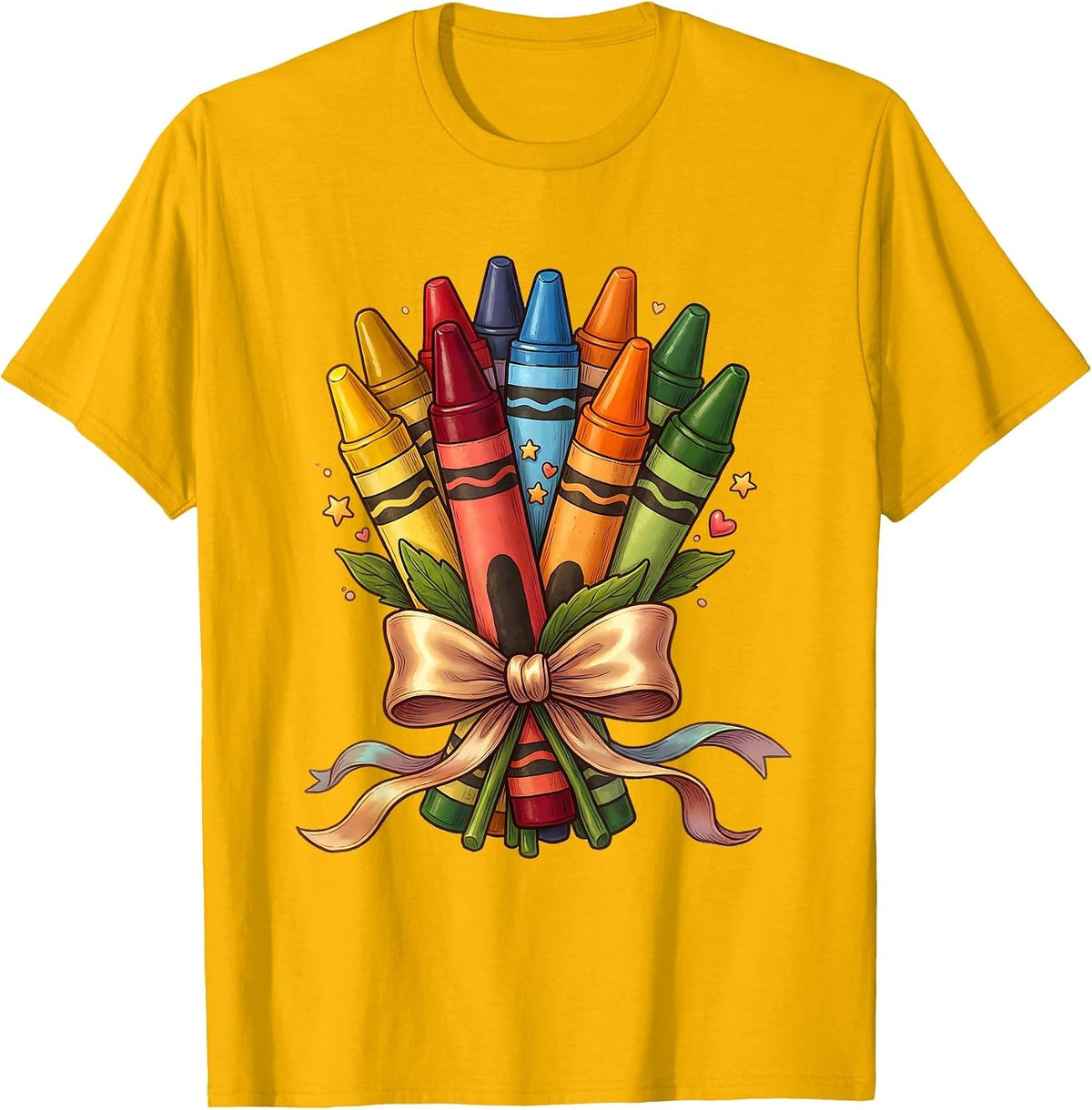 Kindergarten Teacher Crayon Bouquet Illustration T-Shirt - Golden Yellow