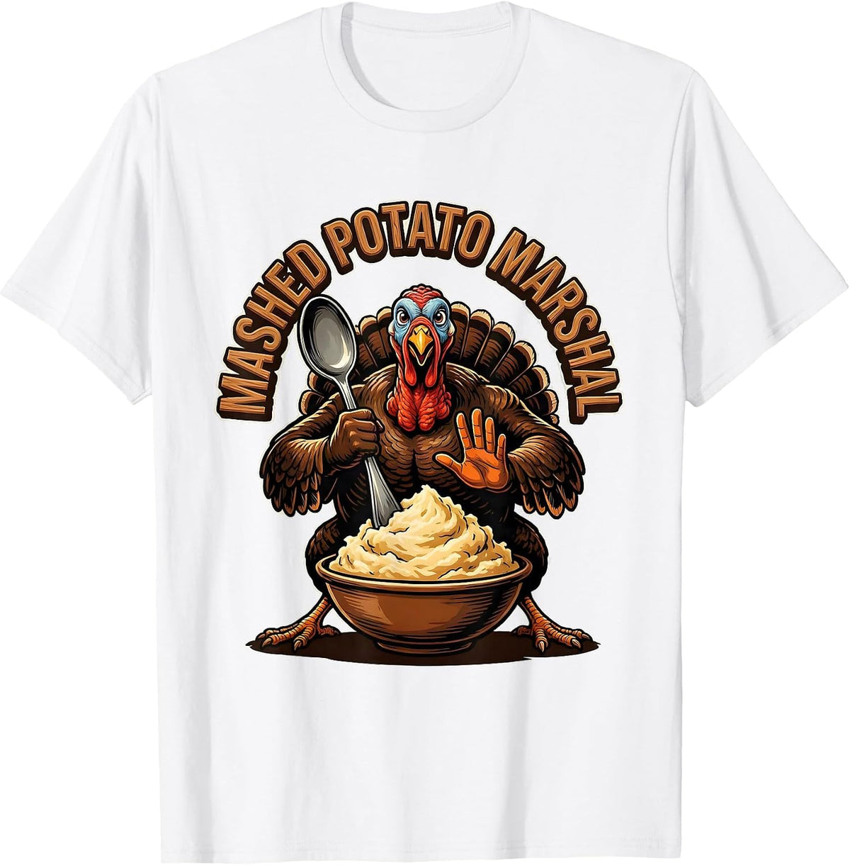 Men's Mashed Potato Marshal Funny Thanksgiving Family Crew Turkey T-Shirt - White