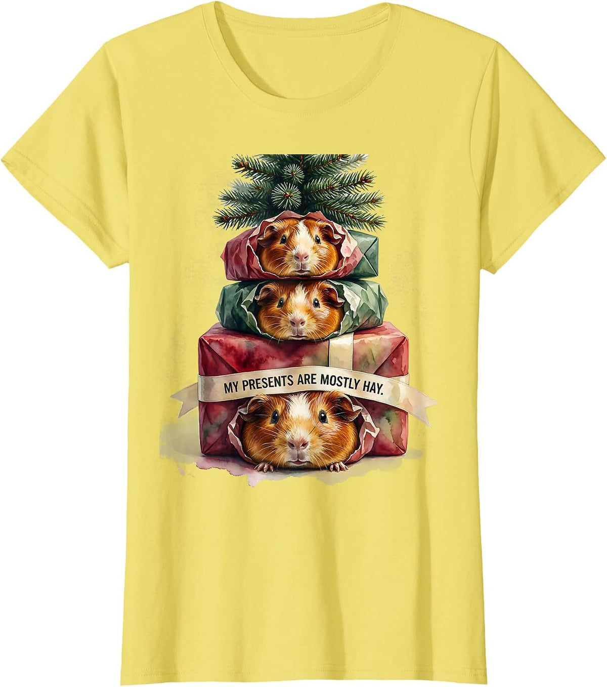 Women's My Presents Are Mostly Hay Watercolor Guinea Pig Christmas T-Shirt - Lemon Yellow