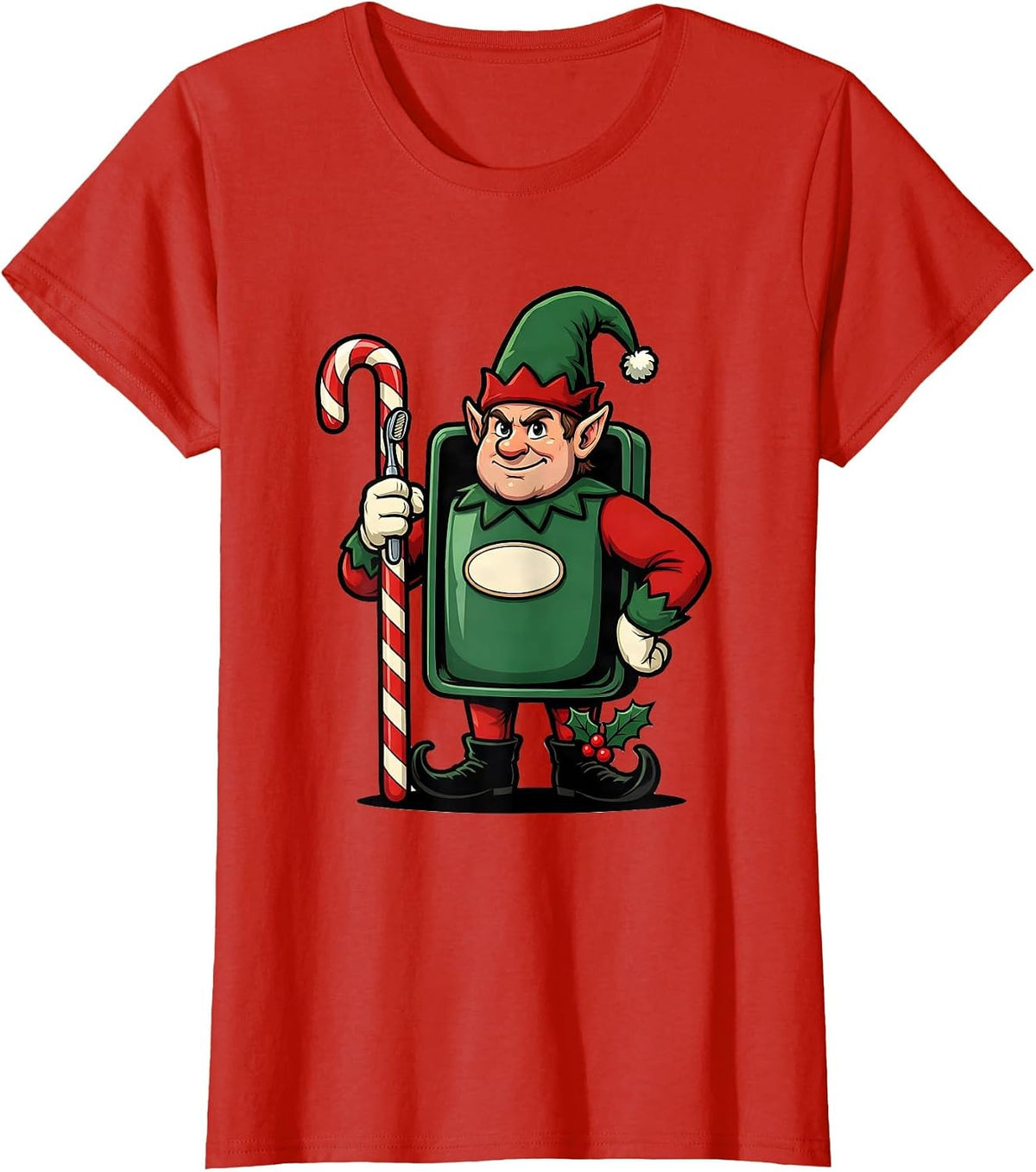 Women's Elf Dental Guard Cartoon Dentist Christmas Humor T-Shirt - Red