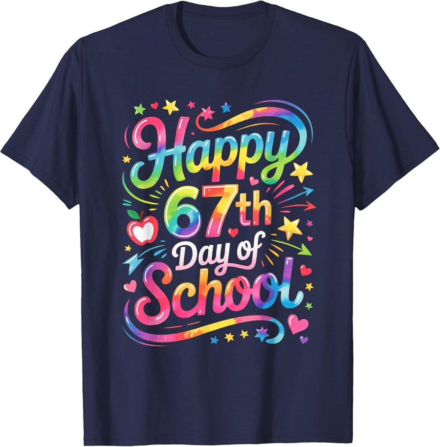 Happy 67 Days of School Meme100th Day of School Tie Dye T-Shirt - Navy Blue