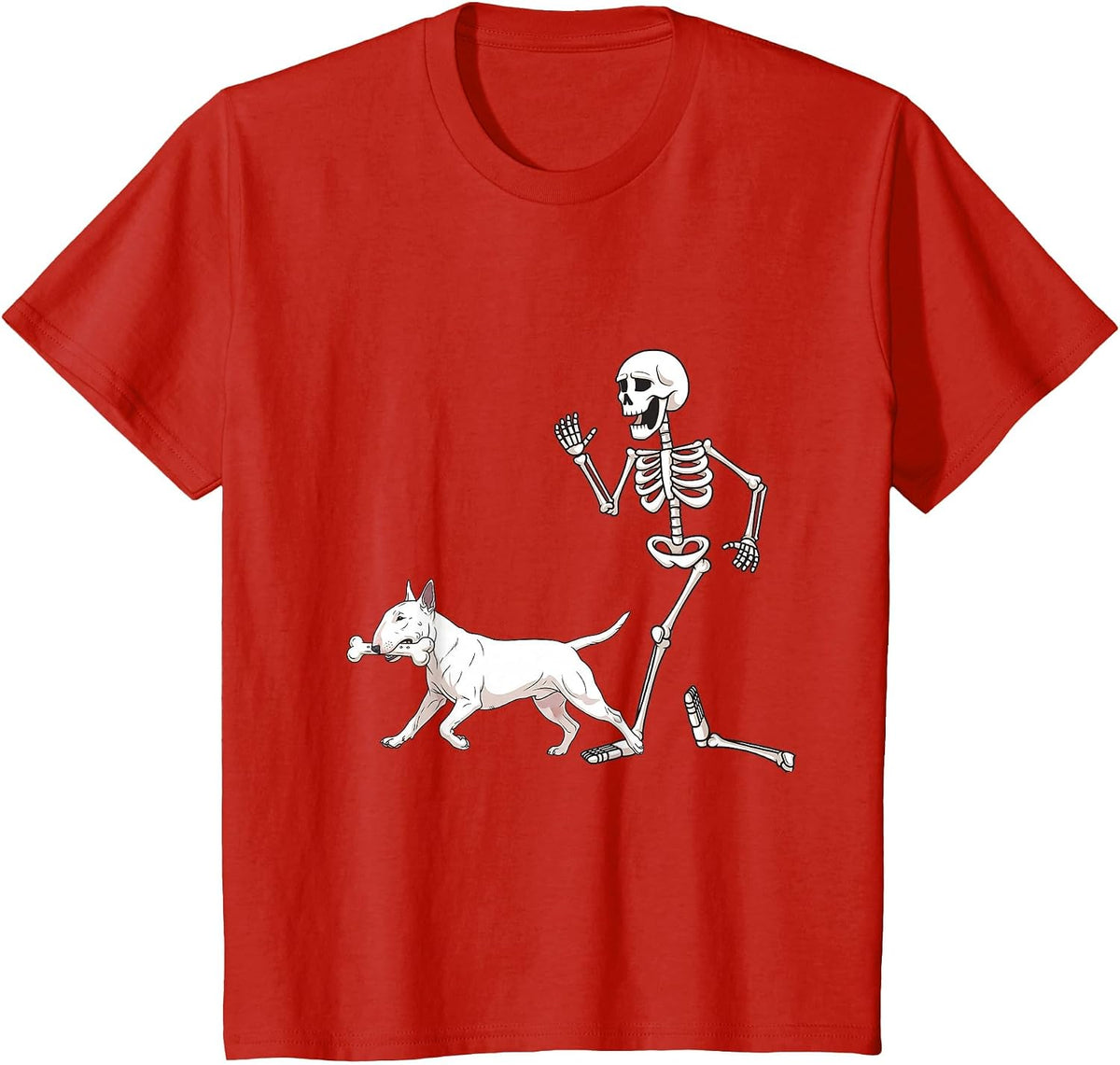 Funny Halloween Bull Terrier and Skeleton T-Shirt - Red