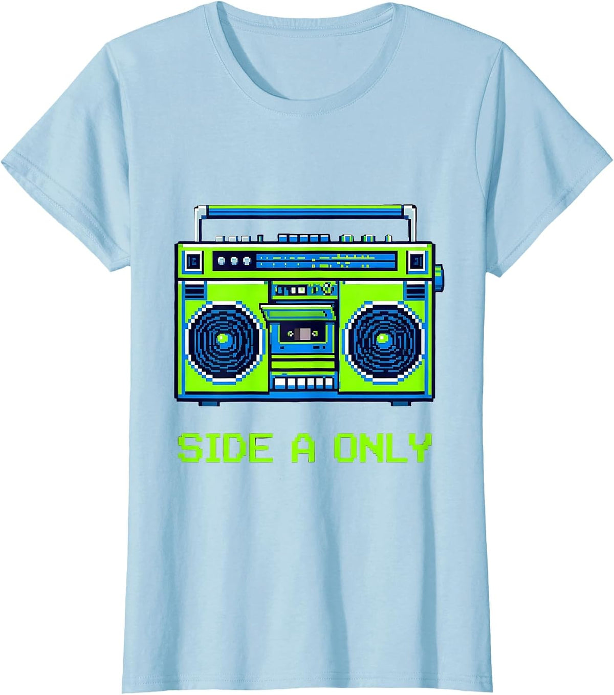 Women's Side A Only Pixel Art Retro Boombox Music Nostalgia T-Shirt - Baby Blue