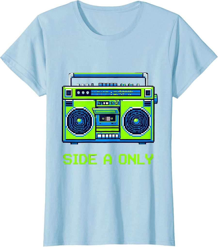 Women's Side A Only Pixel Art Retro Boombox Music Nostalgia T-Shirt - Baby Blue