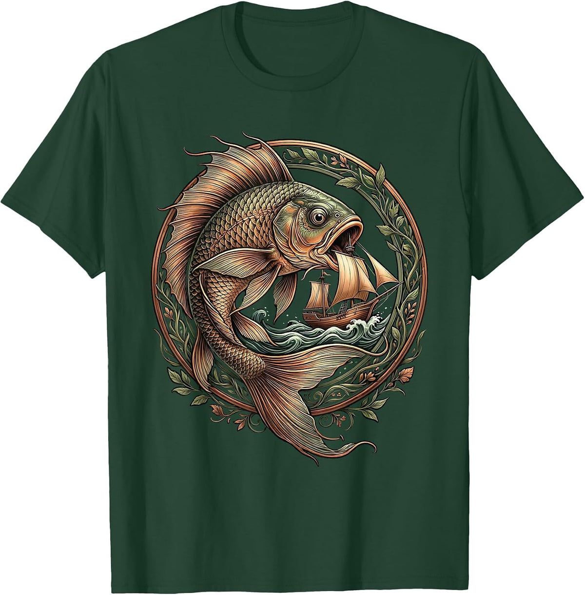 Men's Giant Fish Swallowing Boat Ocean Graphic T-Shirt - Dark Green