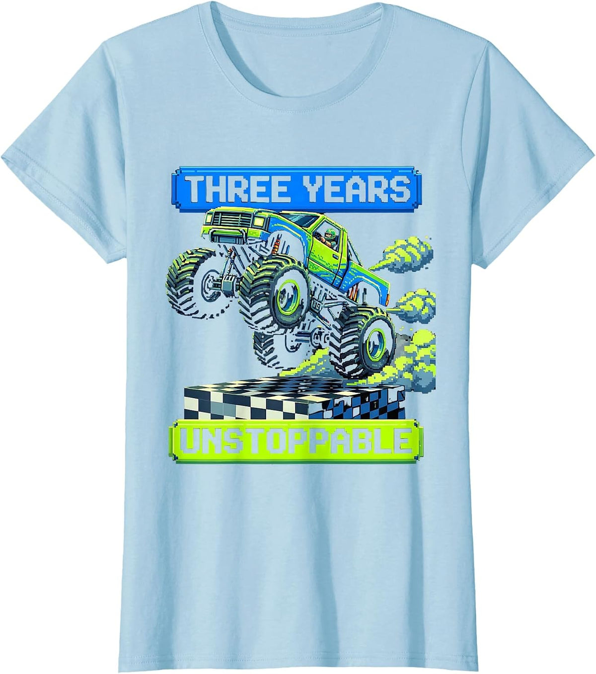 Three Years Unstoppable Pixel Art Monster Truck 3rd Birthday T-Shirt - Baby Blue