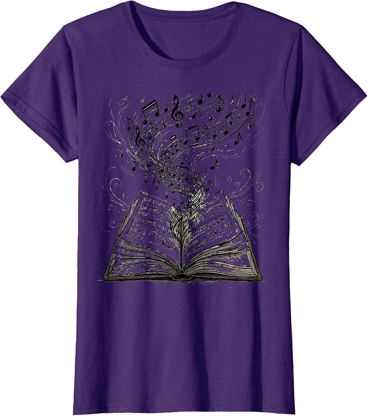 Women's Music Teacher Open Book Flying Notes Illustration T-Shirt - Purple