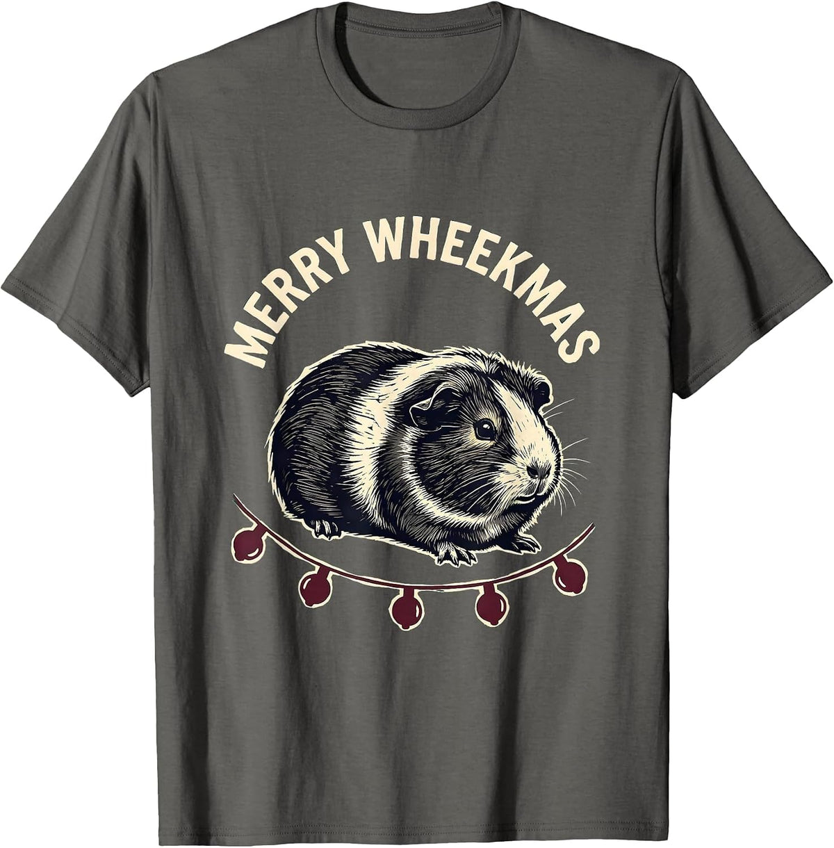 Merry Wheekmas Linocut Guinea Pig Christmas Pet Lover Humor T-Shirt - Asphalt Grey