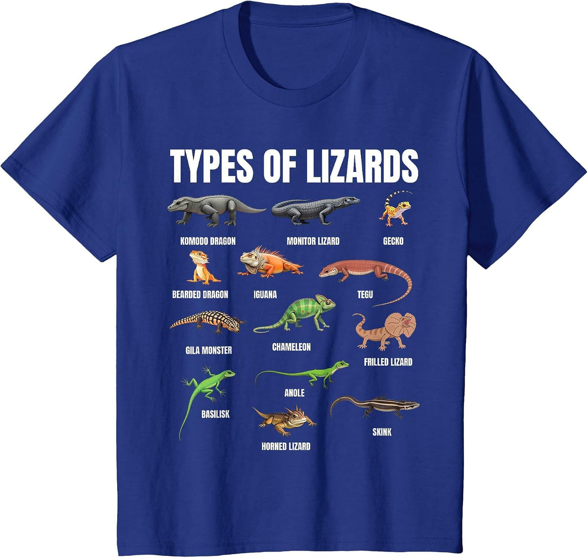 Types of Lizards Educational Herpetologist Kids Boys Girls T-Shirt - Royal Blue