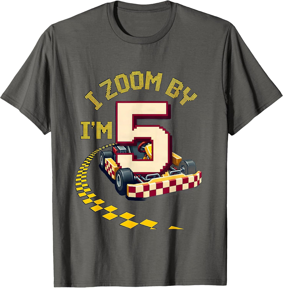 I Zoom By, I'm Five Pixel Art Race Car Birthday Kids T-Shirt - Asphalt Grey