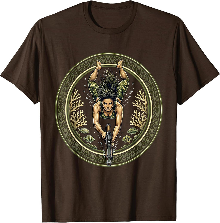 Camo Girl Spearfishing Underwater Graphic T-Shirt - Brown