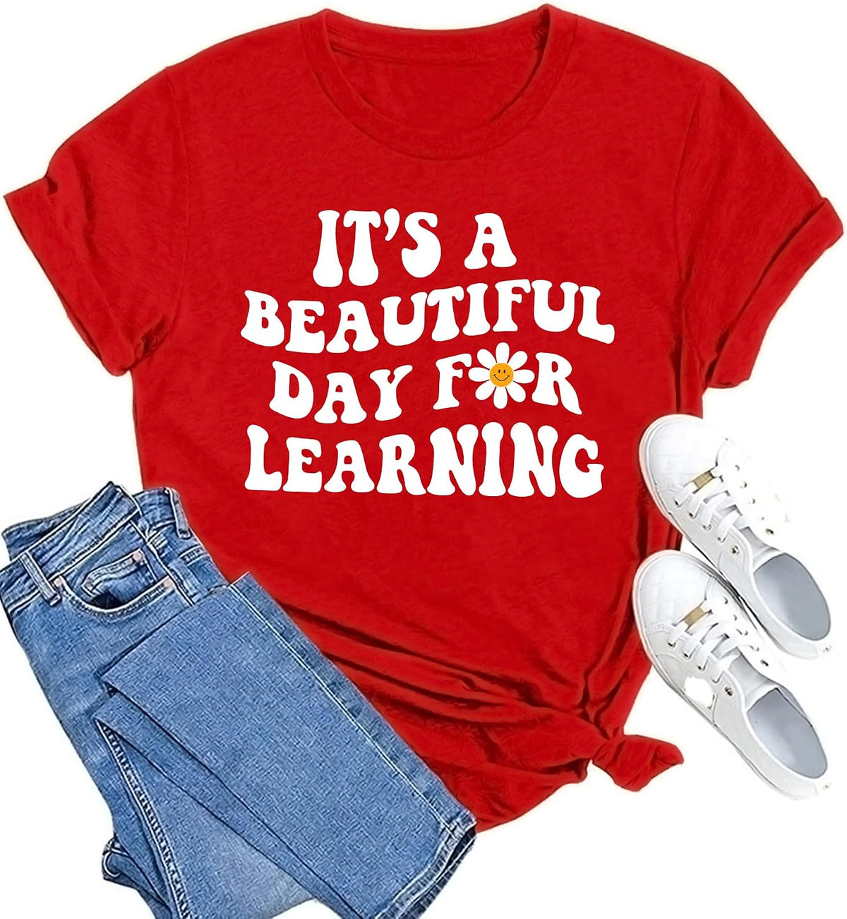 Women Teacher Life Shirt Teacher Gift Short Sleeve Shirts It s a Beautiful Day for Learning T-Shirt - Red
