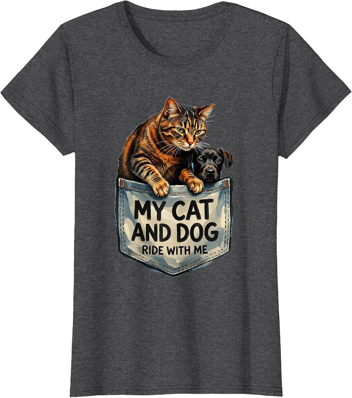 Women's My Cat And Dog Ride With Me Playful Pet Pocket Gift For Cat T-Shirt - Dark Heather Grey