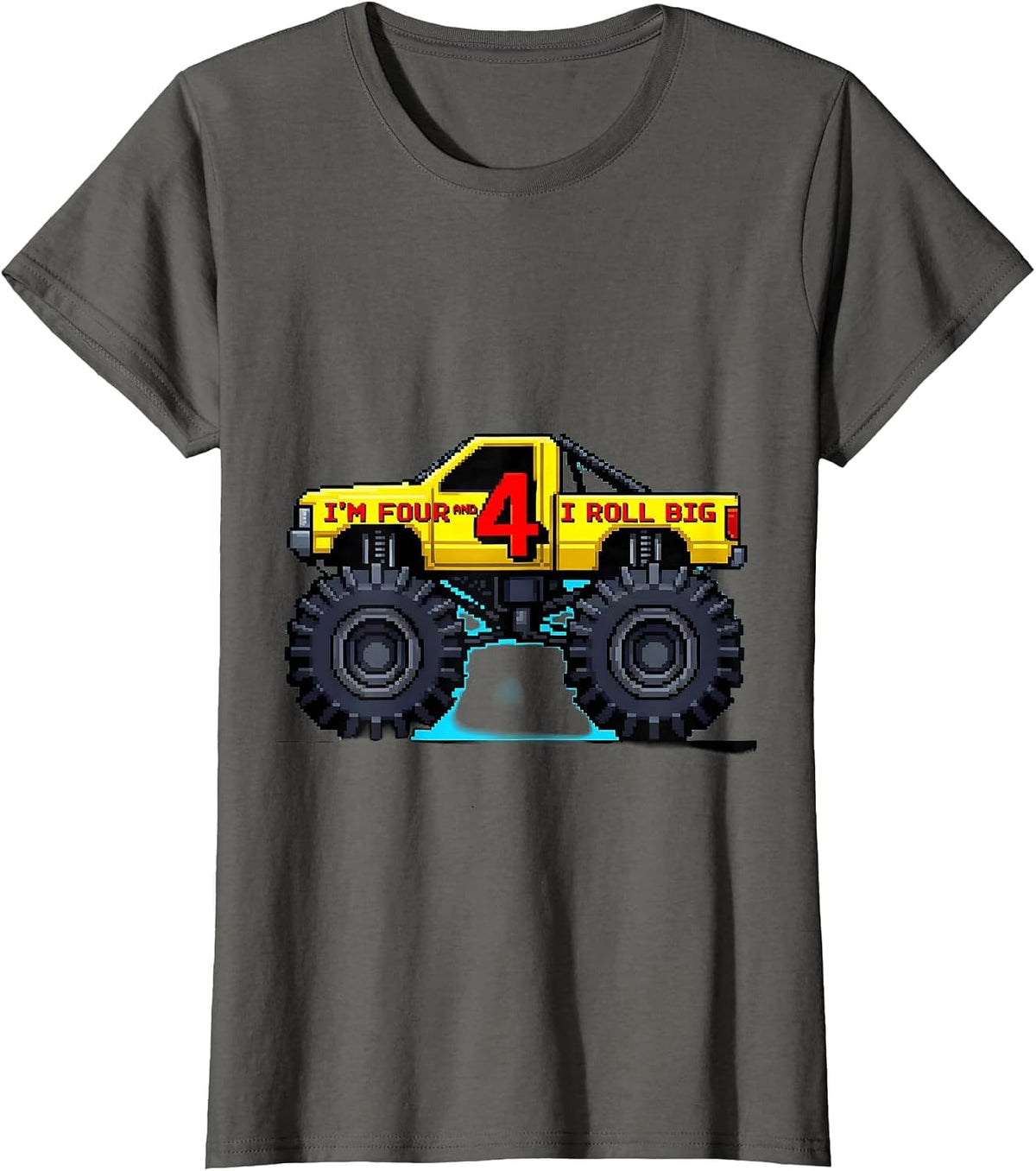 Women's I'm Four and I Roll Big Pixel Art Monster Truck Birthday Boy T-Shirt - Asphalt Grey