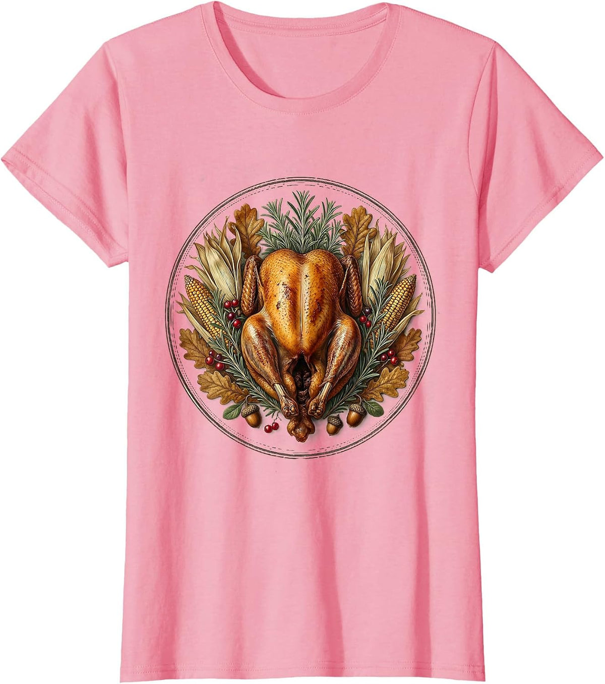 Women's Rustic Roasted Turkey Thanksgiving Illustration T-Shirt - Pink