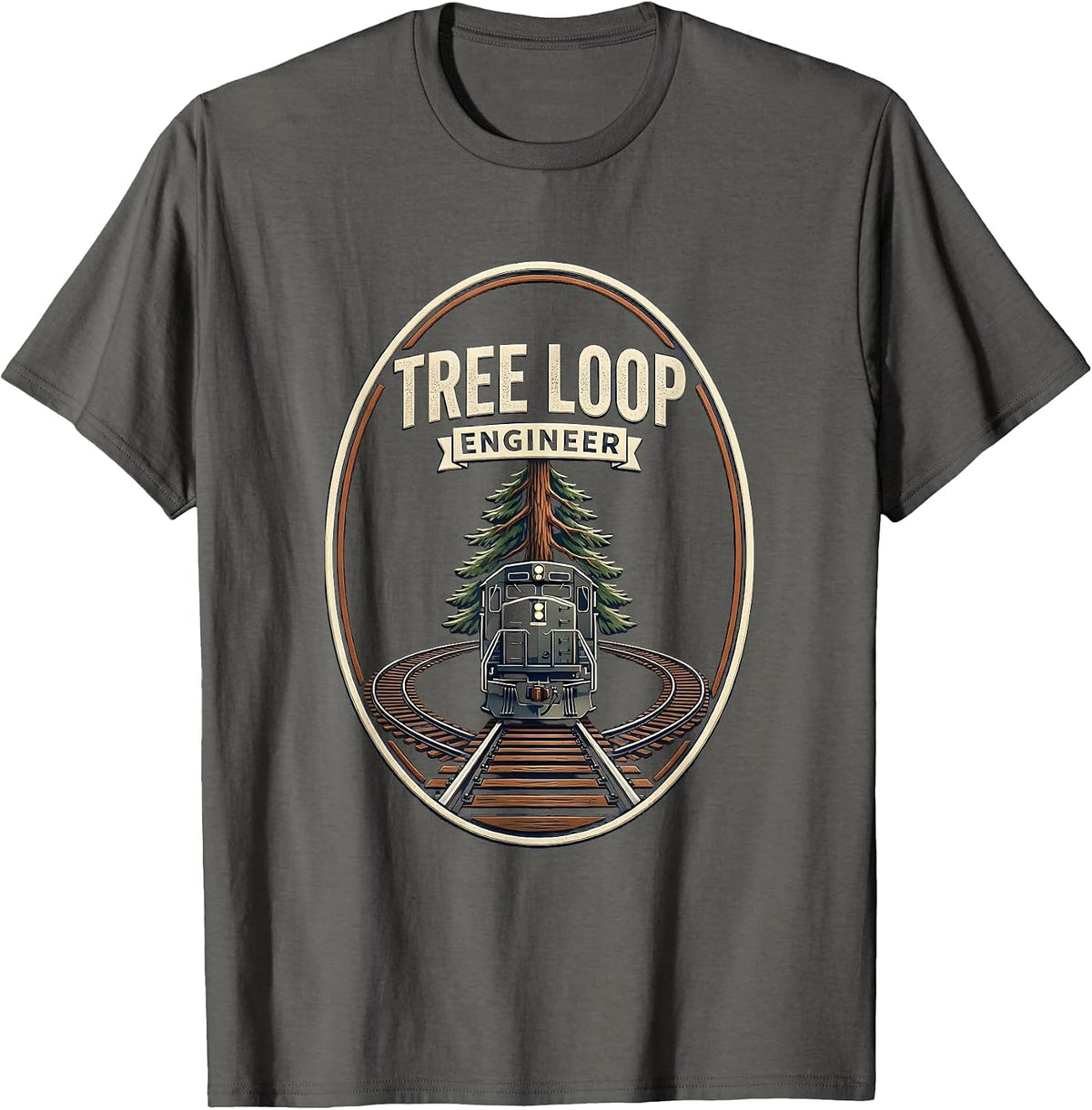 Tree Loop Engineer Vintage Train Hobbyist Christmas Tree T-Shirt - Asphalt Grey