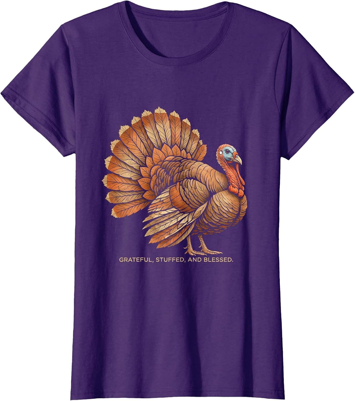 Women's Grateful Stuffed and Blessed Thanksgiving Turkey Design T-Shirt - Purple