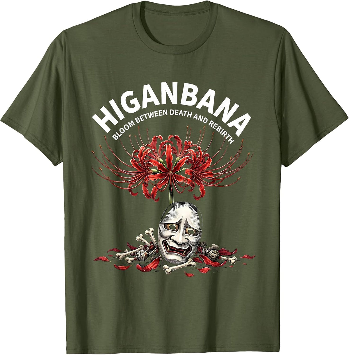 Higanbana, Bloom Between Death And Rebirth Anime Goth T-Shirt - Olive Green