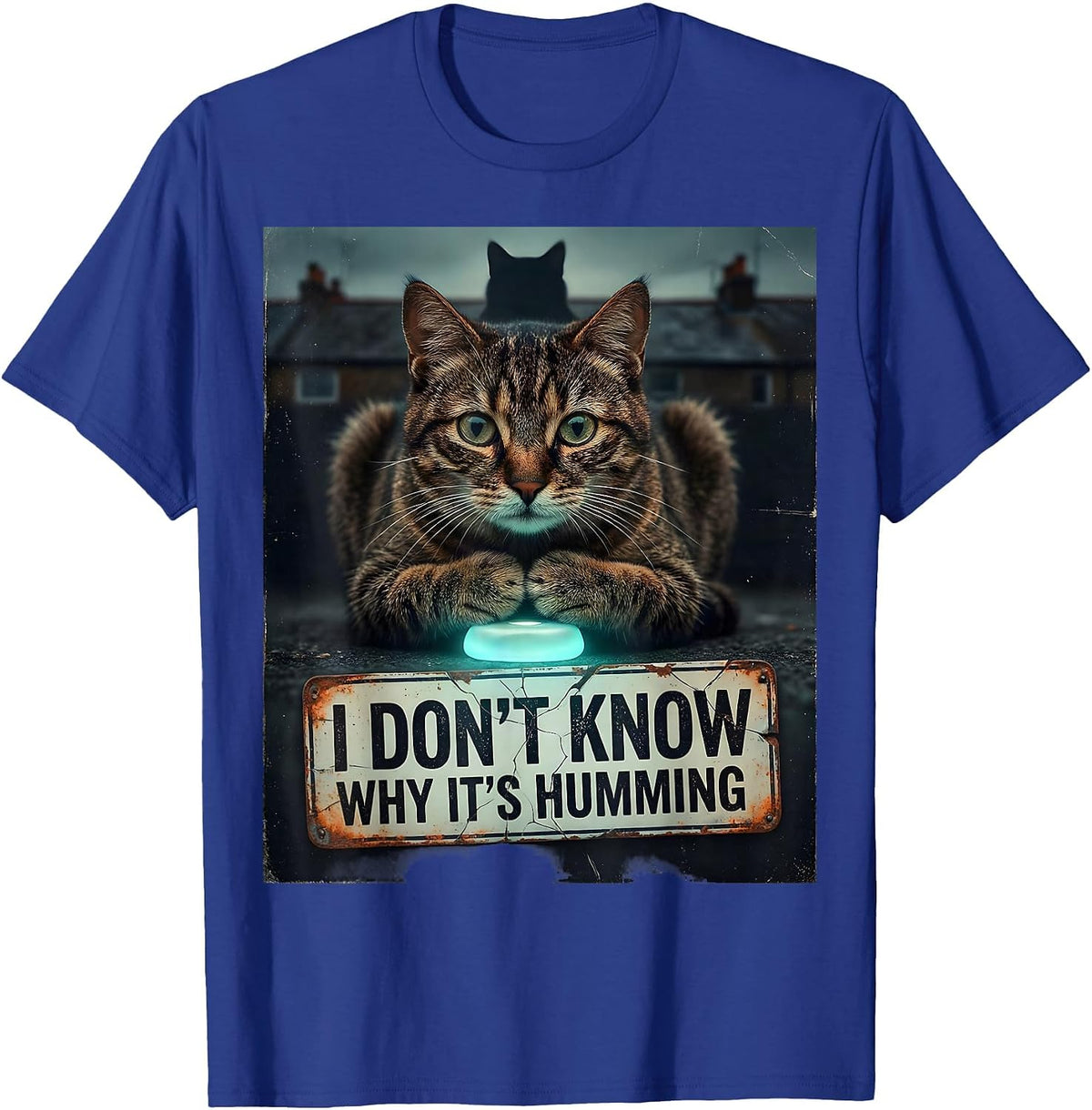 I Don't Know Why It's Humming Distressed Funny Cat UFO Meme T-Shirt - Royal Blue