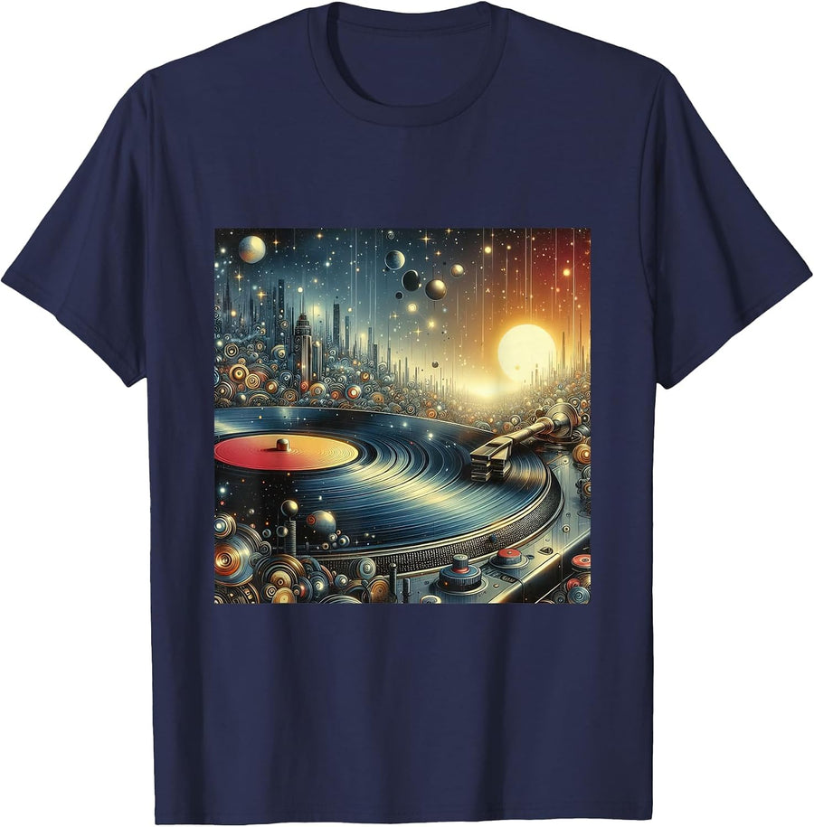 Futuristic Space City Vinyl Record Player Sci-Fi Cityscape T-Shirt - Navy Blue