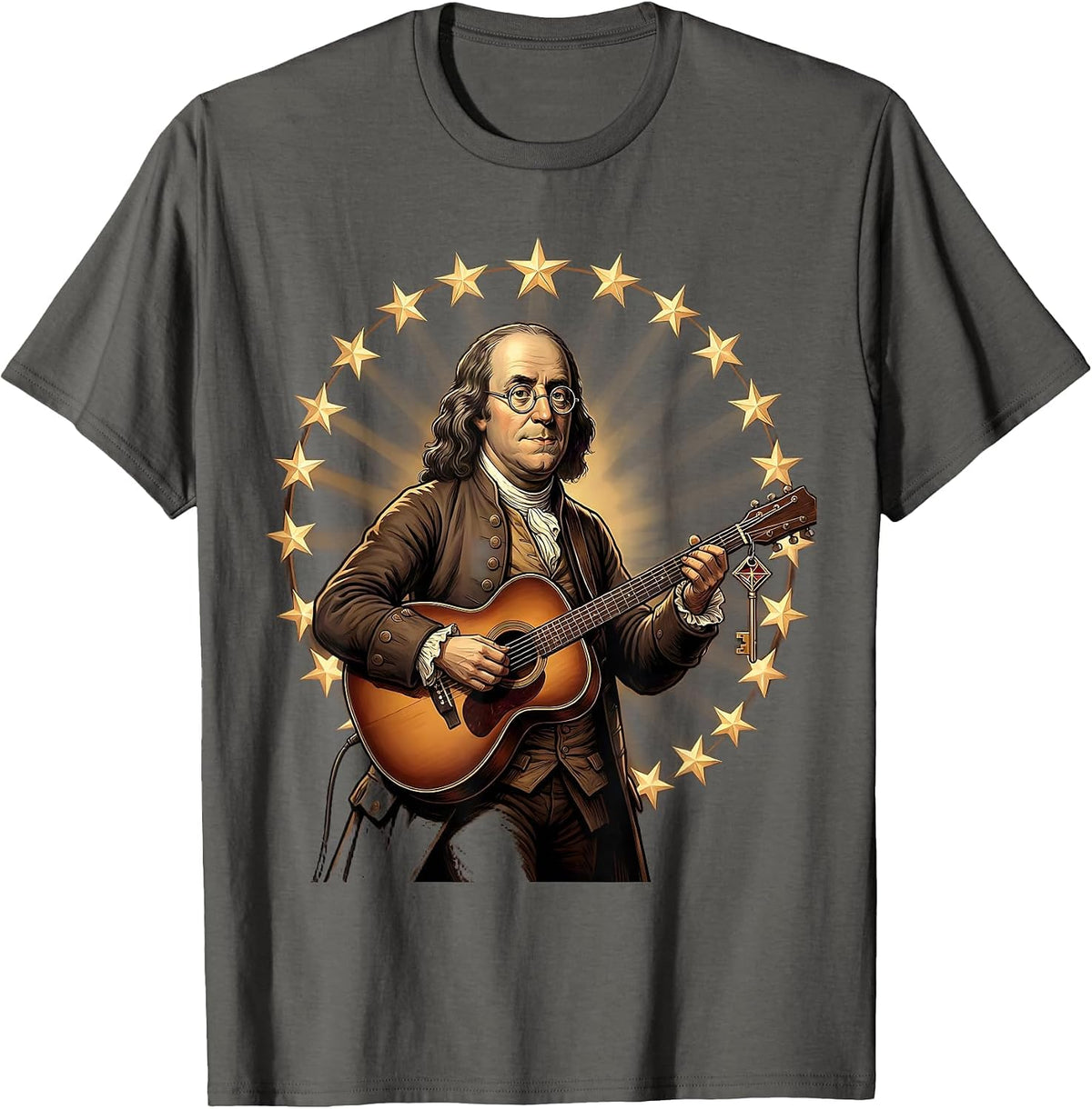 Benjamin Franklin Playing Guitar Historical Music Enthusiast T-Shirt - Asphalt Grey