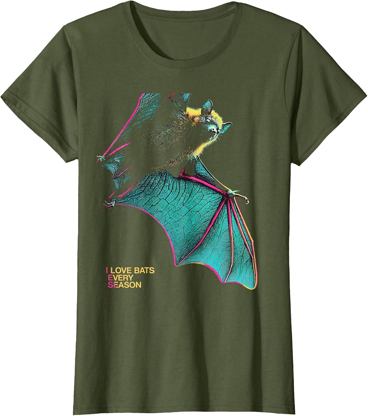 Women's I Love Bats Every Season Vintage Bat Lover Halloween Humor T-Shirt - Olive Green