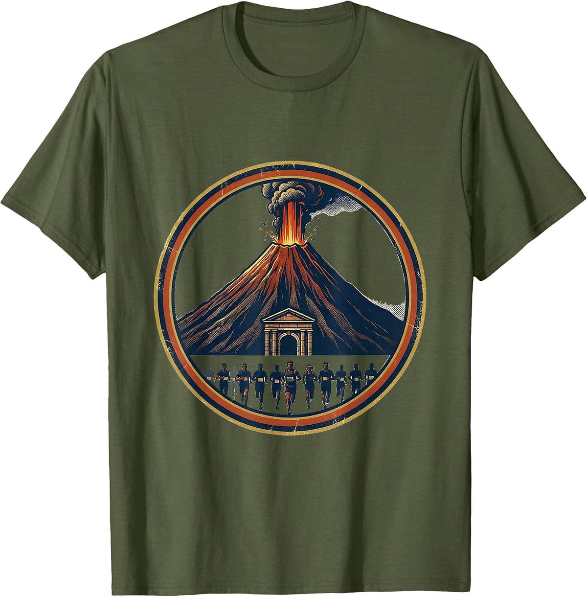 Sealed Pompeii Volcano Fun Run Race Badge Emblem T-Shirt - Olive Green