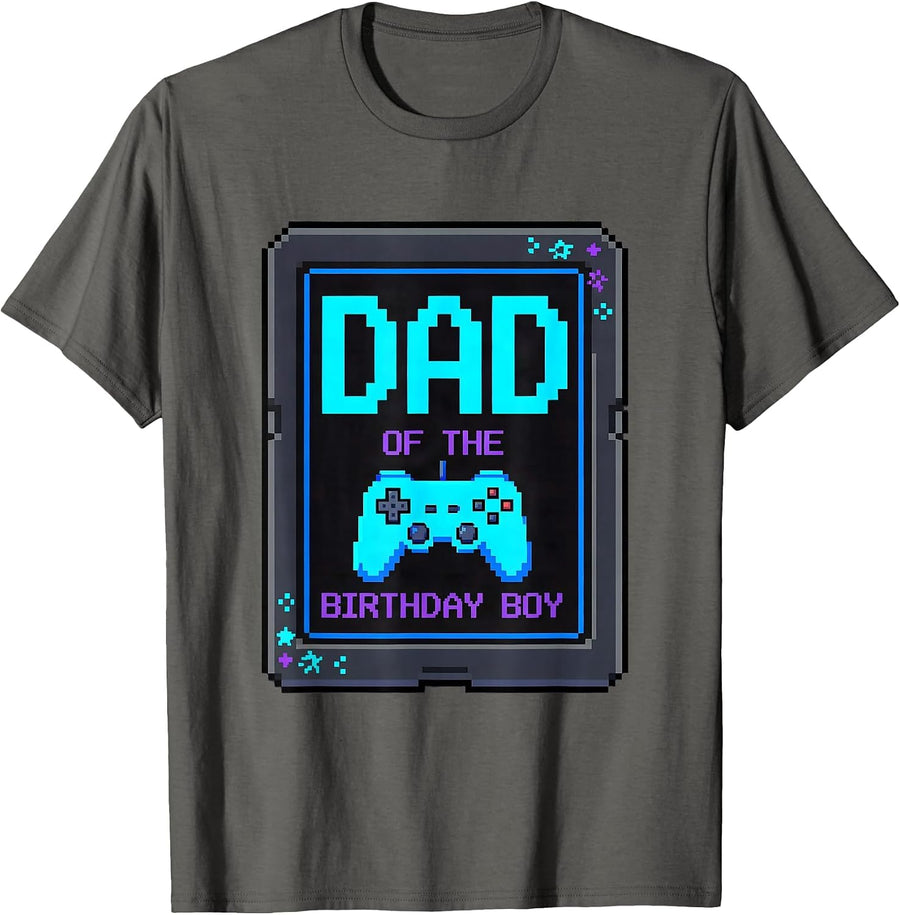 Dad Of The Birthday Boy Pixel Art Video Game Party Matching T-Shirt - Asphalt Grey