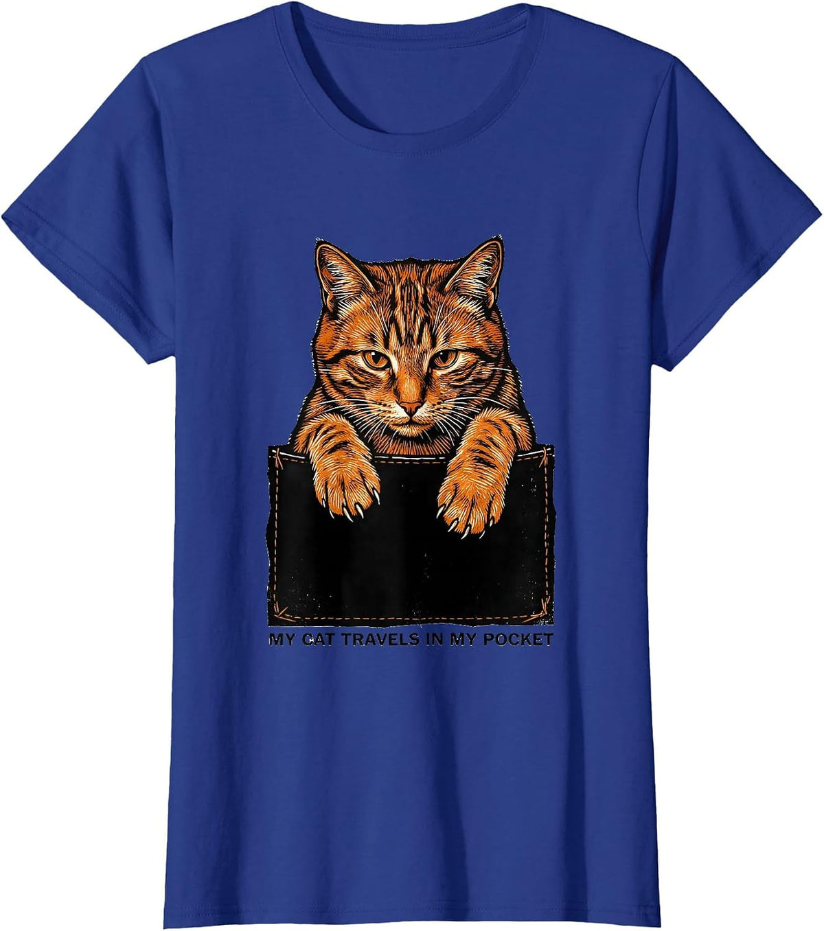 Women's My Cat Travels In My Pocket Playful Cat Lover Linocut T-Shirt - Royal Blue