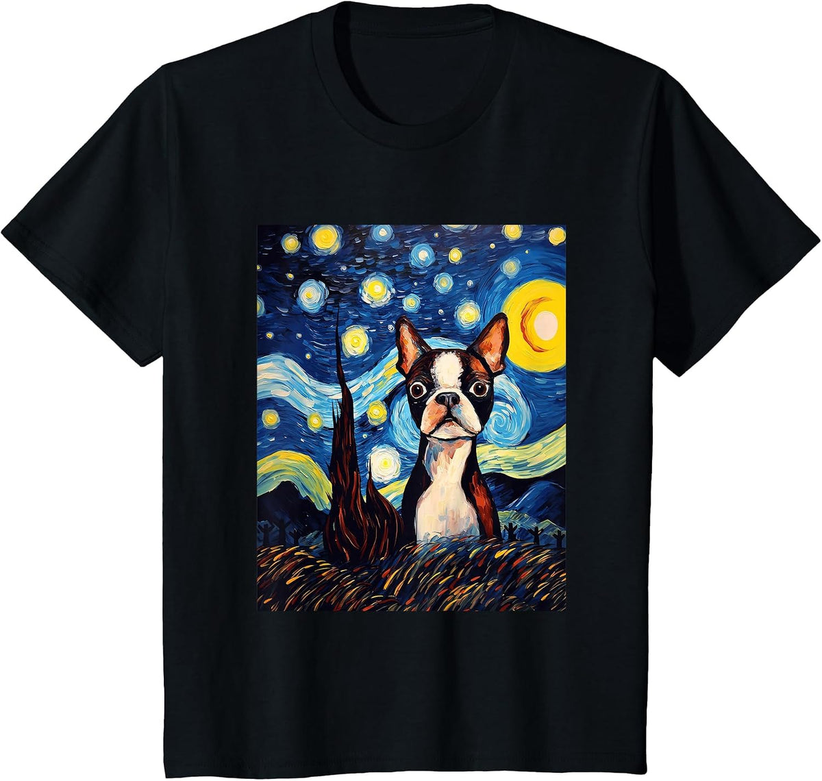 Boston Terrier Starry Night Van Gogh Art T-Shirt - Black