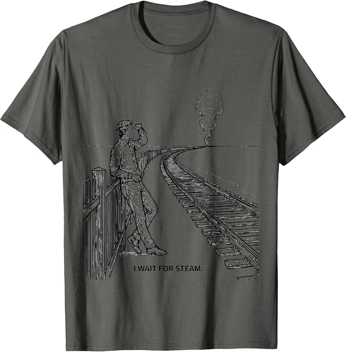 I Wait For Steam Patriotic Train Enthusiast Railroad T-Shirt - Asphalt Grey