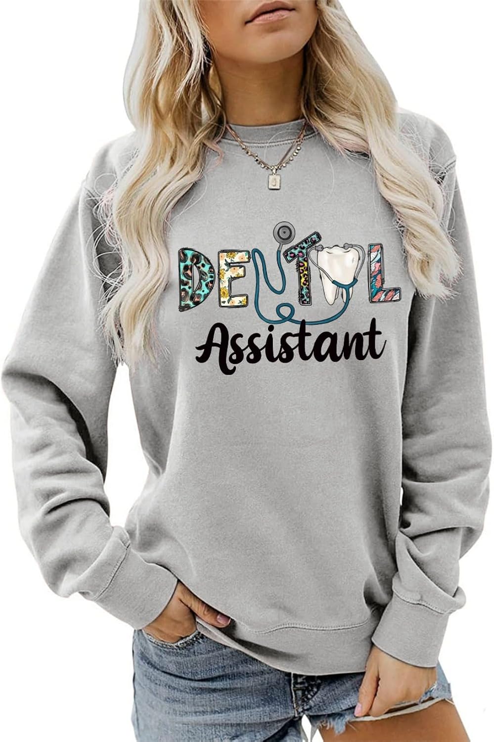 MEKOTSK Dental Assistant Sweatshirt Women Funny Graphic Shirts Long Sleeve Crewneck Fashion Pullover Tops Dentist Gifts -