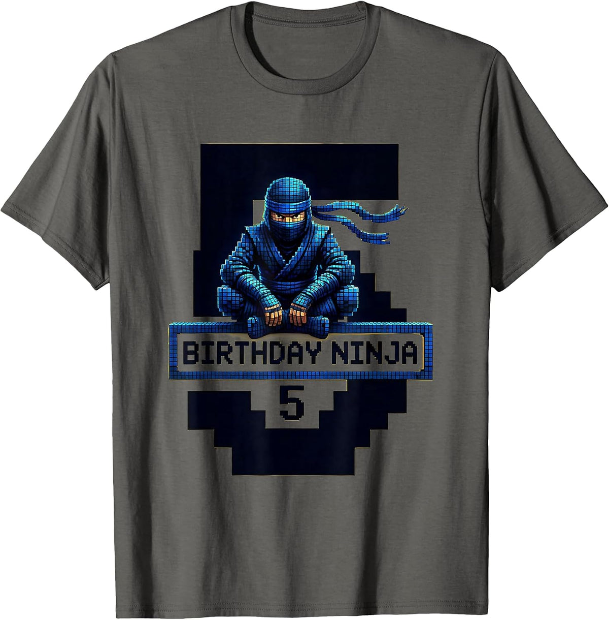 Birthday Ninja 5 Pixel Art Kids Ninja Party Theme T-Shirt - Asphalt Grey
