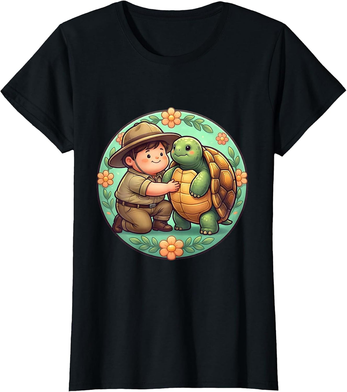 Zoo Keeper Kneeling With Giant Tortoise Design T-Shirt - Black