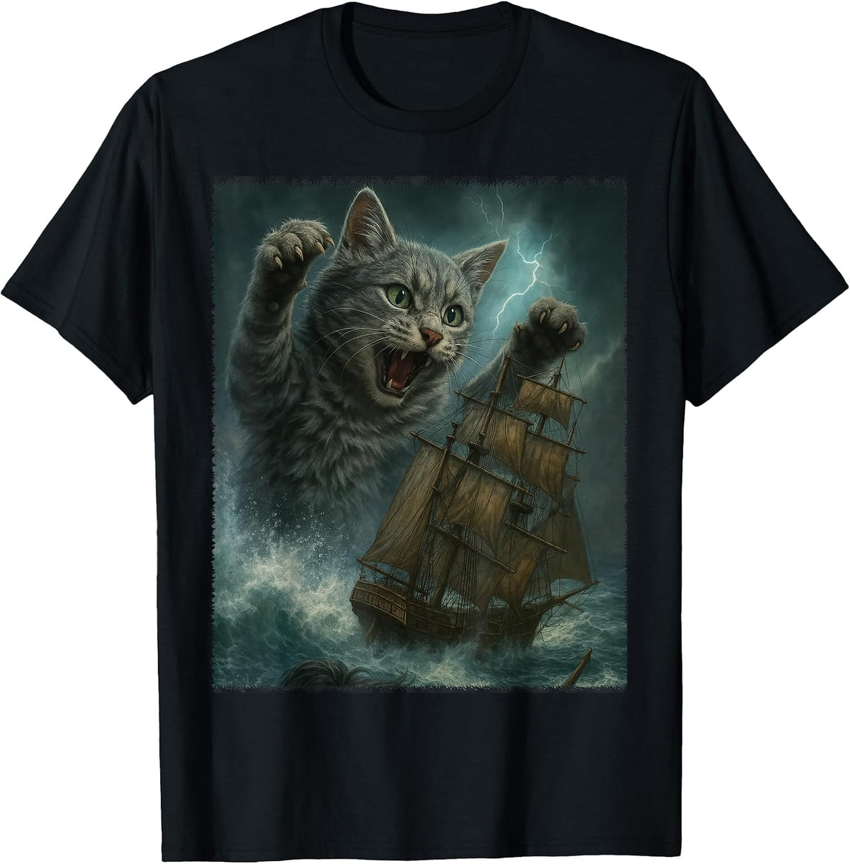 Giant Cat as Kraken Sea Monster Attack Pirate Ship in Ocean T-Shirt - Black