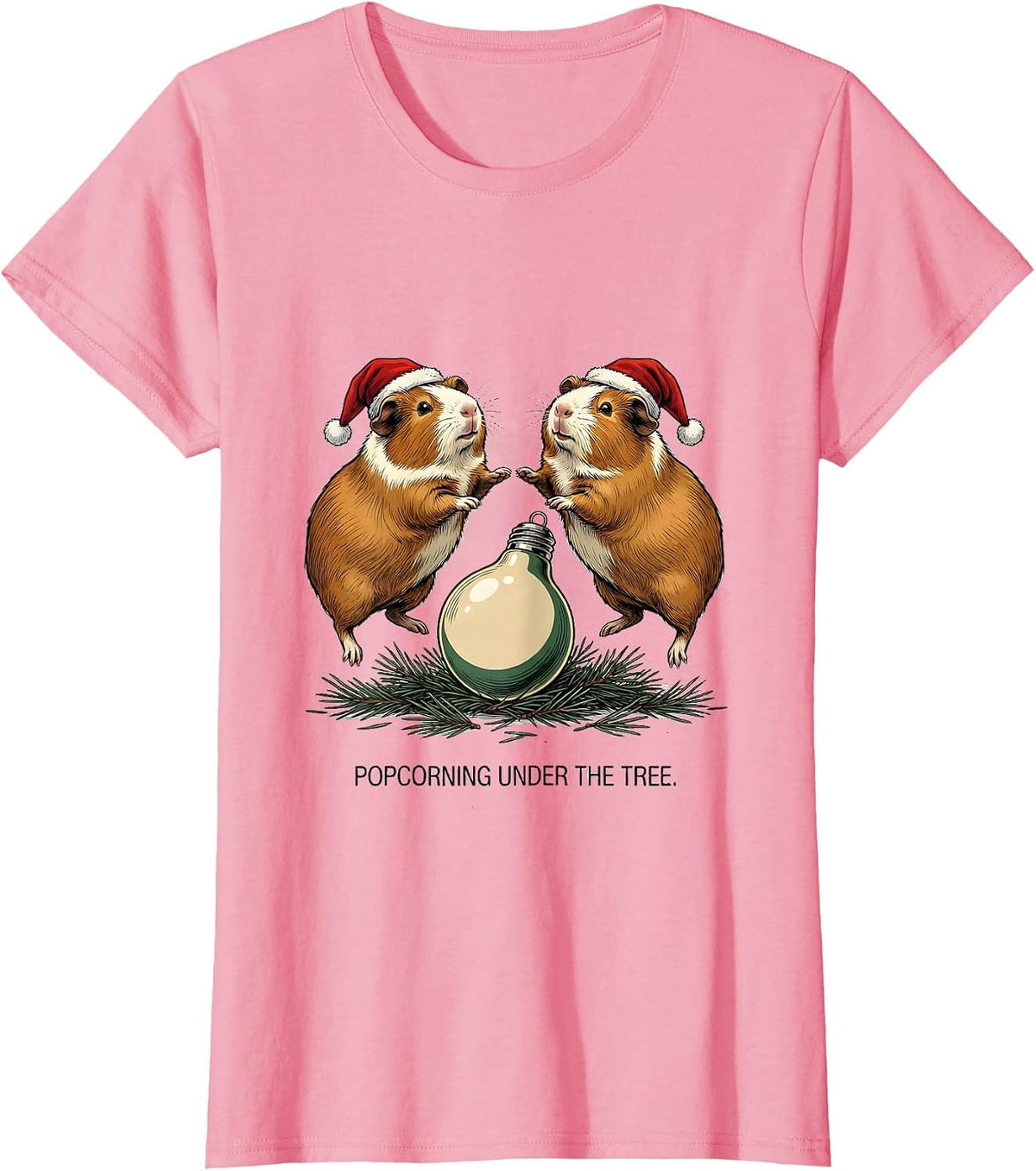 Women's Popcorning Under The Tree Funny Guinea Pig Christmas Santa T-Shirt - Pink