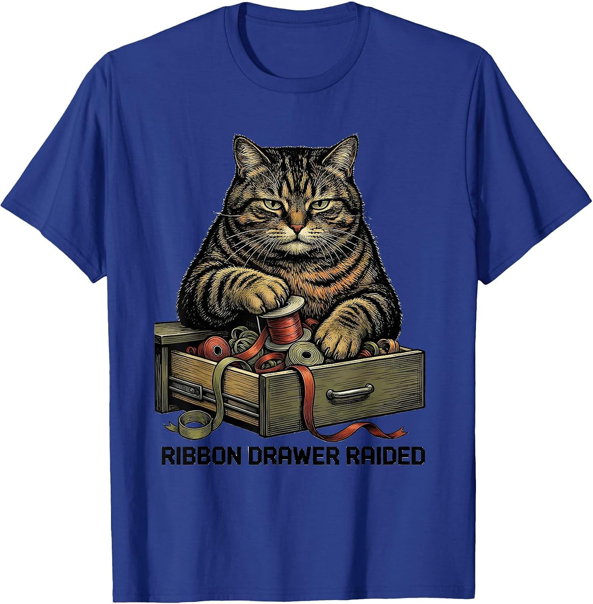 Men's Ribbon Drawer Raided Funny Cat Lover Grumpy Christmas Humor T-Shirt - Royal Blue