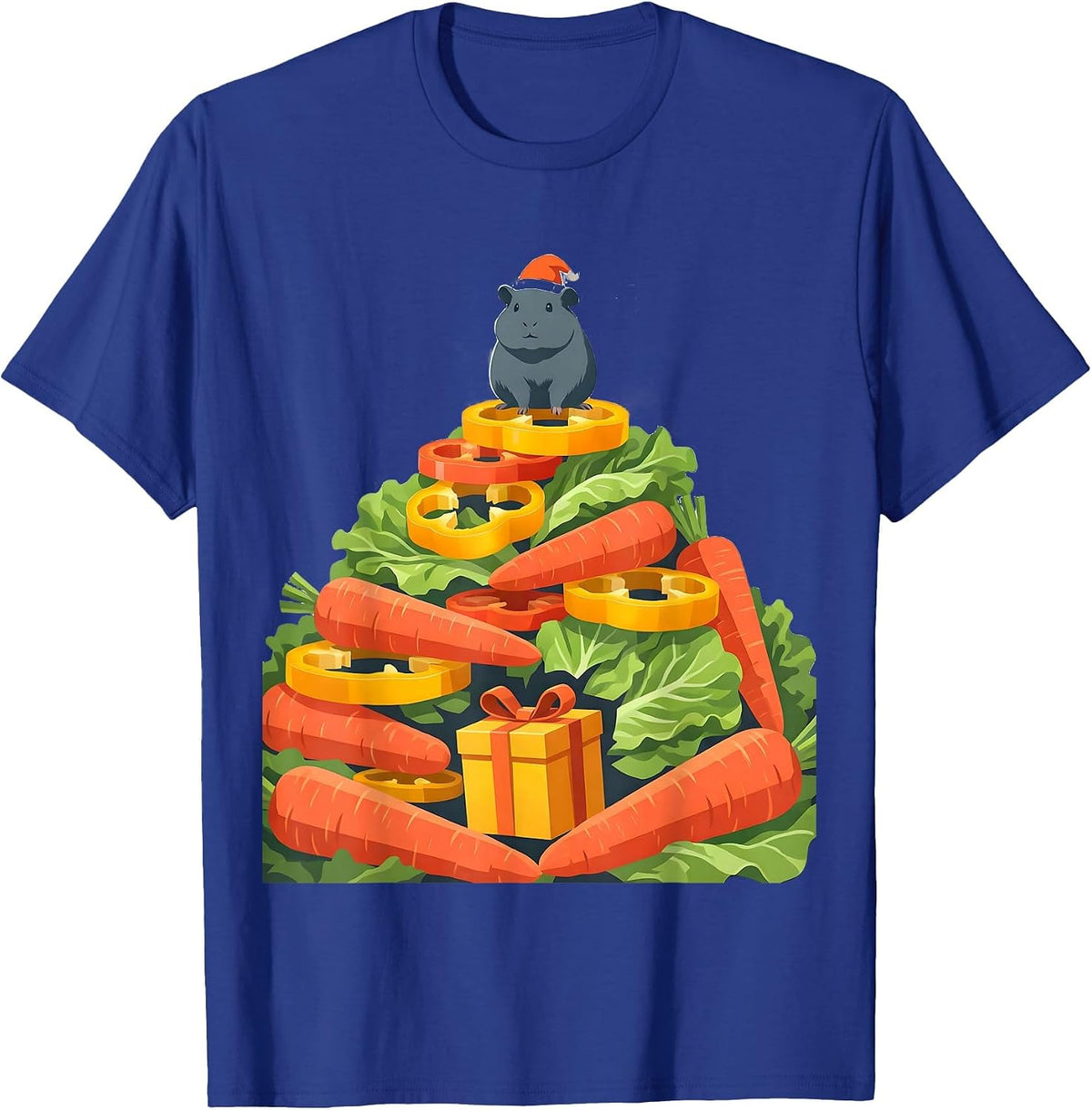 Stacked Vegetables Guinea Pig Santa Hat Christmas Humor T-Shirt - Royal Blue
