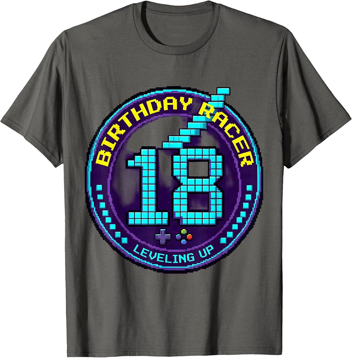 Men's Birthday Racer Leveling Up 18 Pixel Art Gamer Birthday Gift T-Shirt - Asphalt Grey