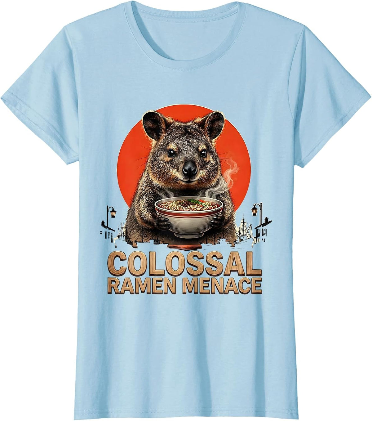 Women's Colossal Ramen Menace Funny Japanese Kaiju Kawaii Animal T-Shirt - Baby Blue