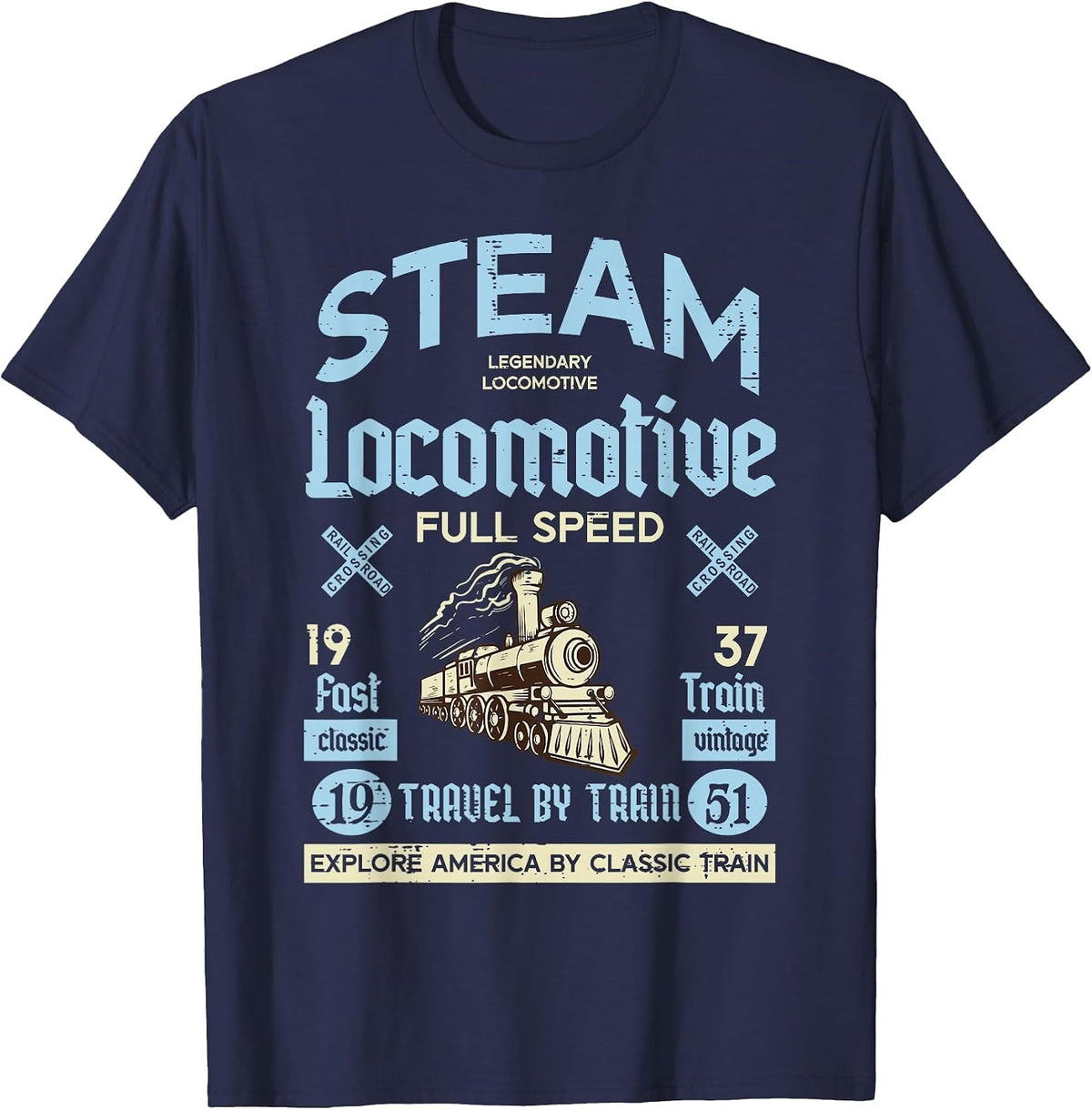 Steam Locomotive 1937 Train Vintage Men Women Kids Boys Teen T-Shirt - Navy Blue