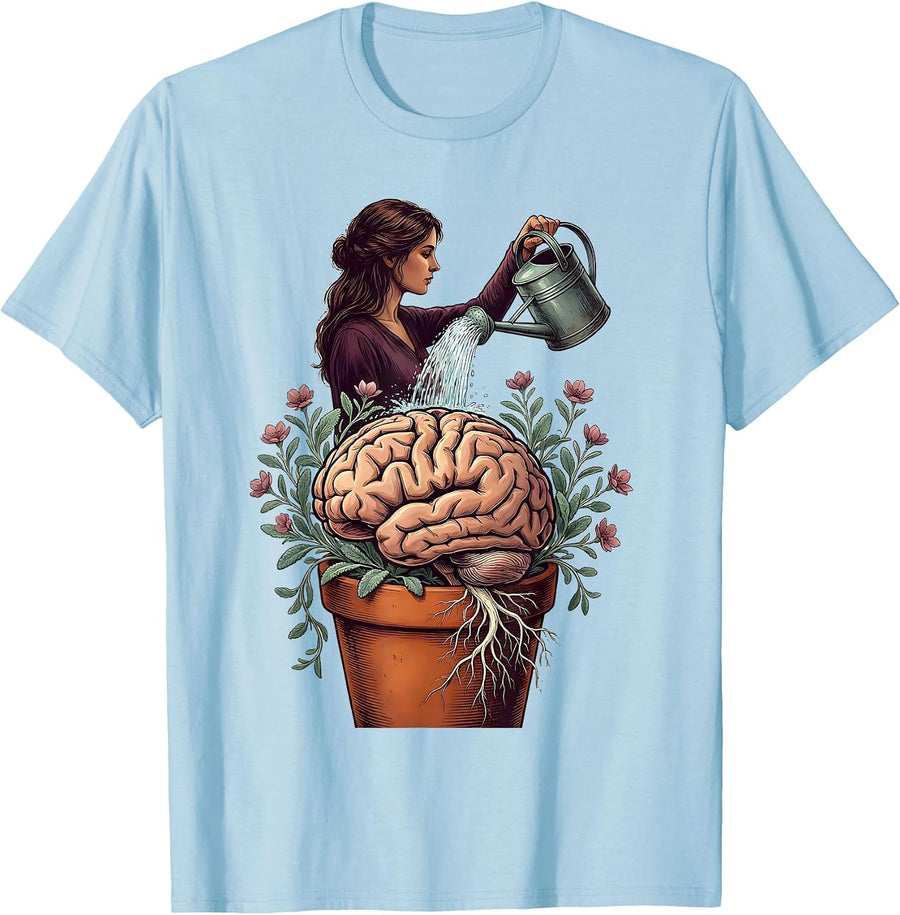 Men's Grow Your Mind Brain Watering Plant Illustration T-Shirt - Baby Blue