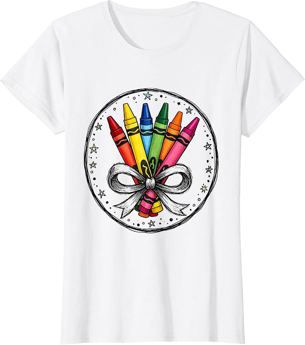 Women's Kindergarten Teacher Crayon Bundle Bow Graphic T-Shirt - White