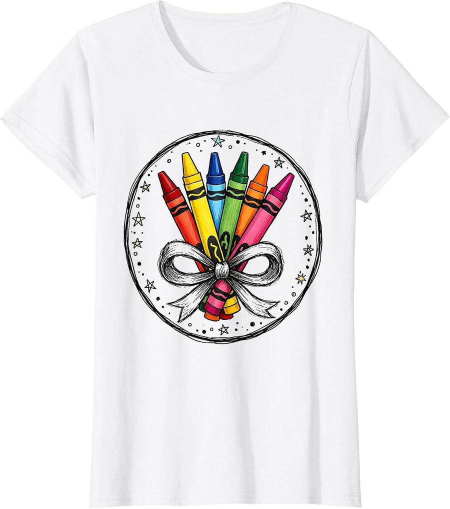 Women's Kindergarten Teacher Crayon Bundle Bow Graphic T-Shirt - White