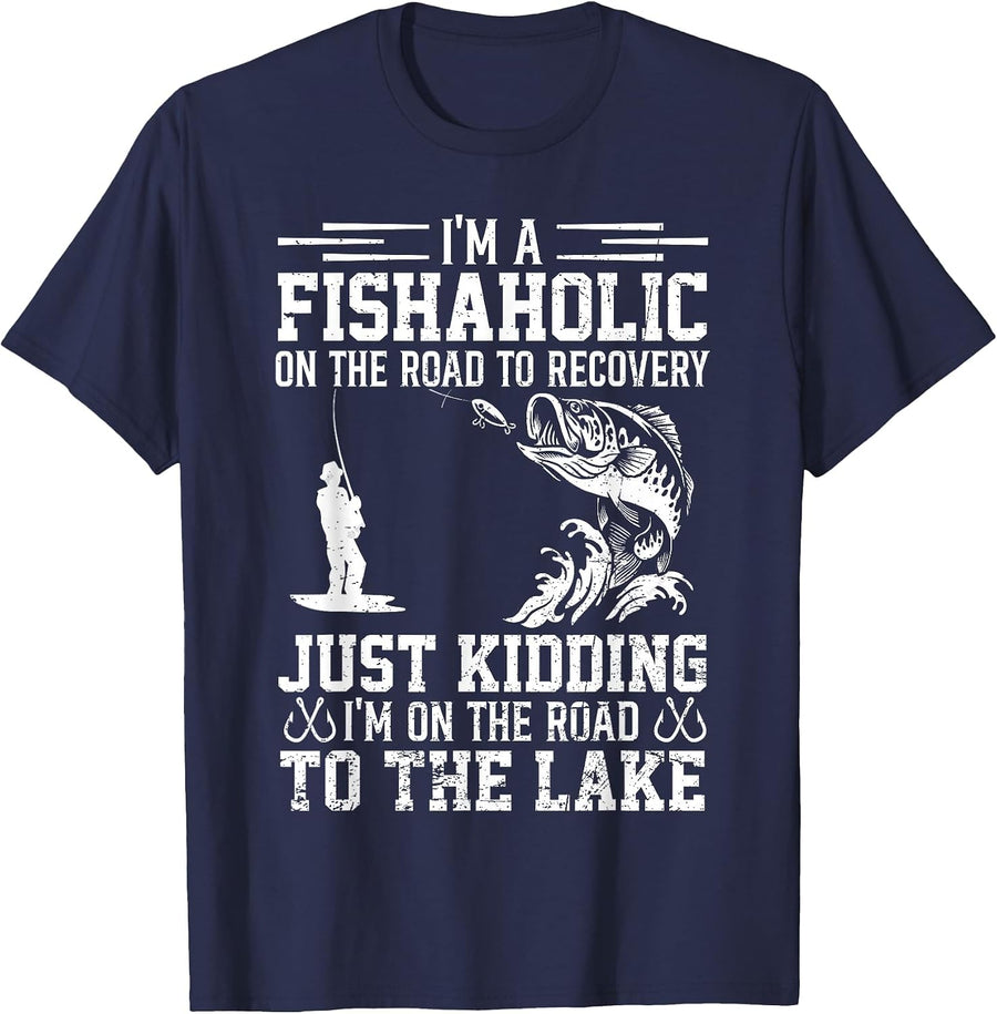 Funny Fish-Aholic On The Road to The Lake Fishing Lover T-Shirt - Navy Blue