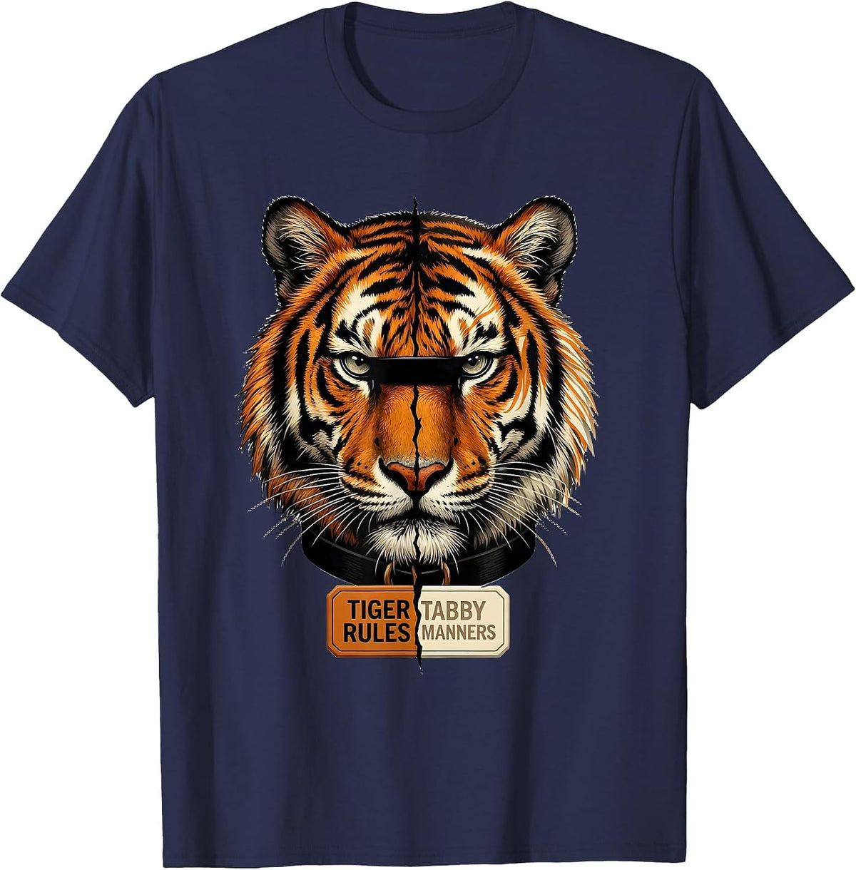 Men's Tiger Rules Tabby Manners Playful Glam Big Cat Lover Novelty T-Shirt - Navy Blue