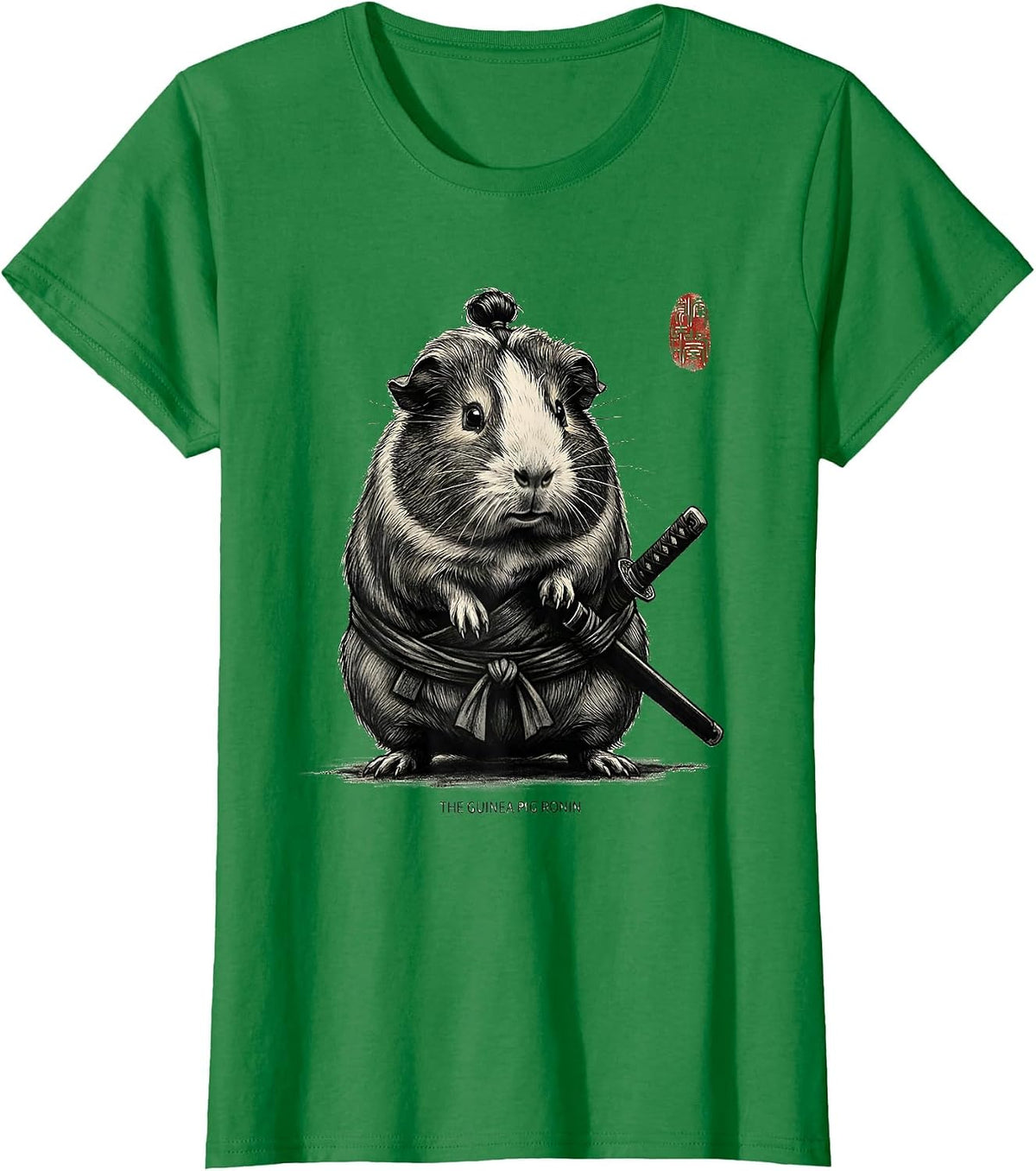 Women's The Guinea Pig Ronin Monochromatic Japanese Art Animal Humor T-Shirt - Kelly Green