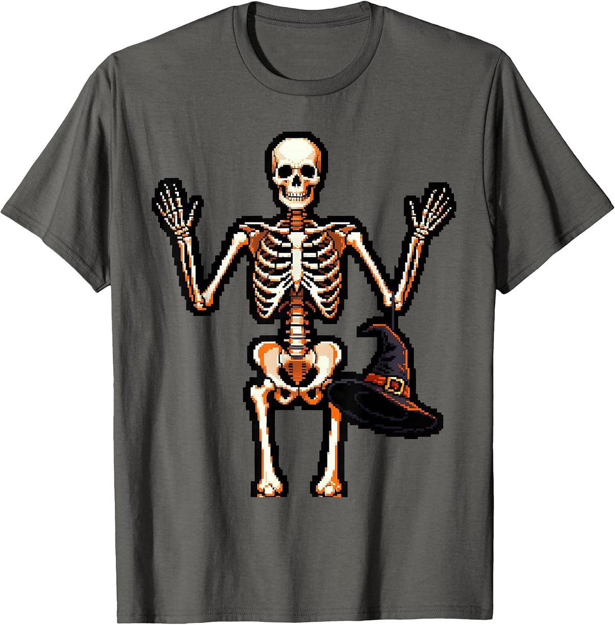 Dabbing Skeleton Pixel Art Halloween Meme Humor T-Shirt - Asphalt Grey