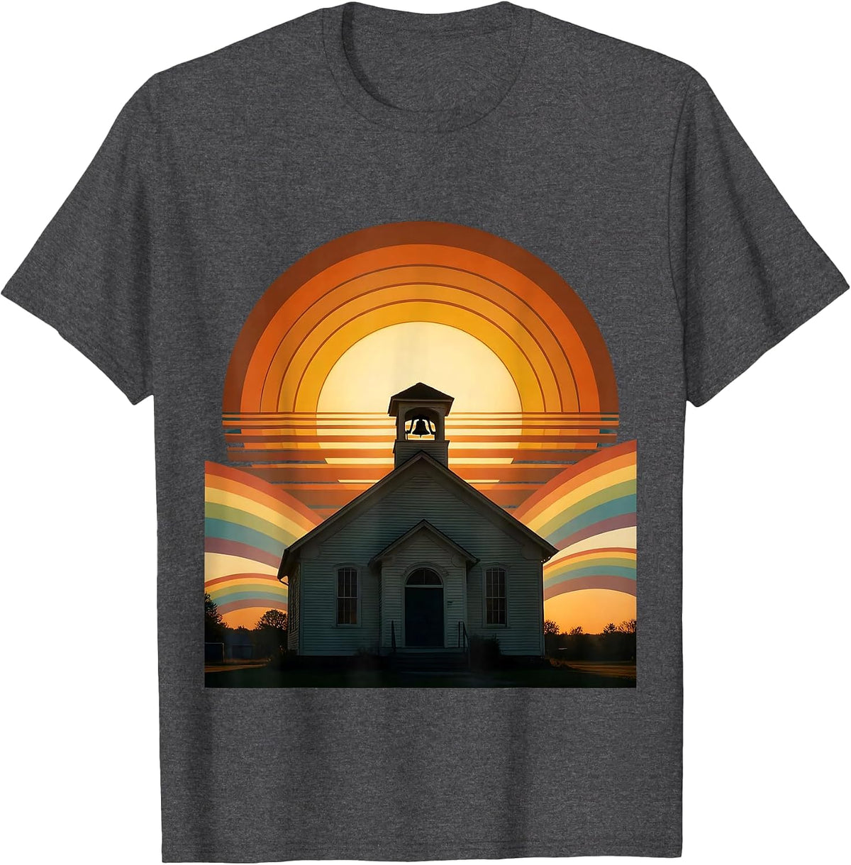 First Grade Teacher Schoolhouse Sunrise Design T-Shirt - Dark Heather Grey